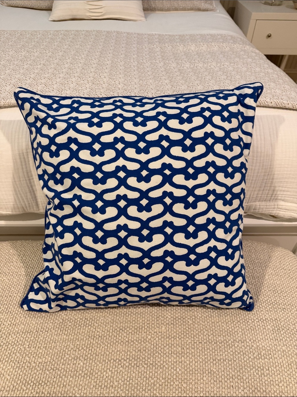 Roller Rabbit Blue and White Geometric Lattice Throw Pillow